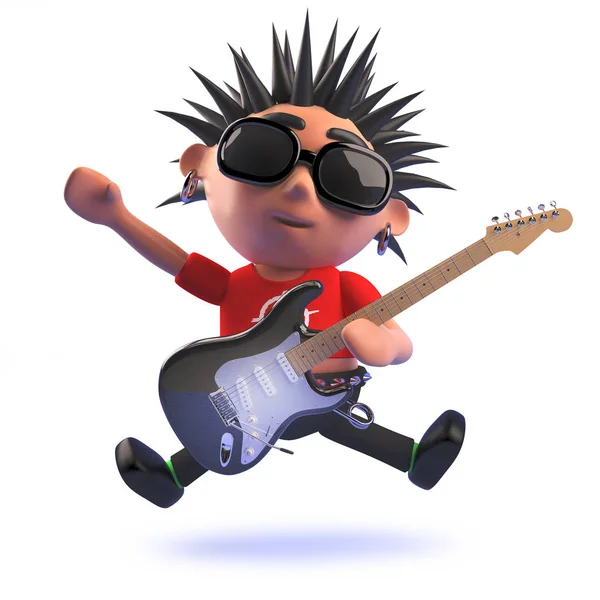 Executando punk rock personagem de desenho animado em 3d tocando guitarra elétrica — Fotografia de Stock