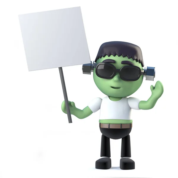 3d Cute Halloween frankenstein monster holding a blank placard — Stock Photo, Image