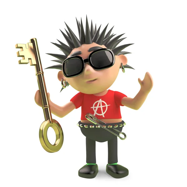 Spiky punk rock karakter kartun memegang kunci emas, 3d ilustrasi render — Stok Foto