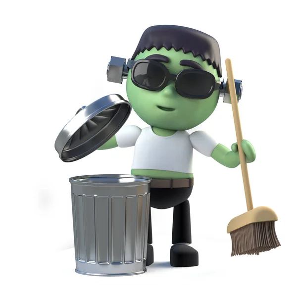 3d Child Frankenstein tidies with his broom — Stock Photo, Image