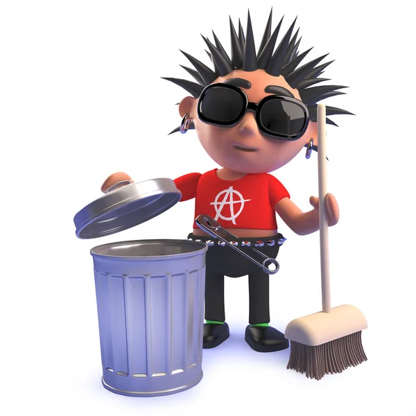 Punk rock niño en 3d junto a un bote de basura con una escoba — Foto de Stock