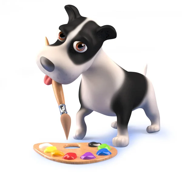 Desenhos animados bonitos 3d cão cão cão brincando com um pincel de pintura e paleta — Fotografia de Stock
