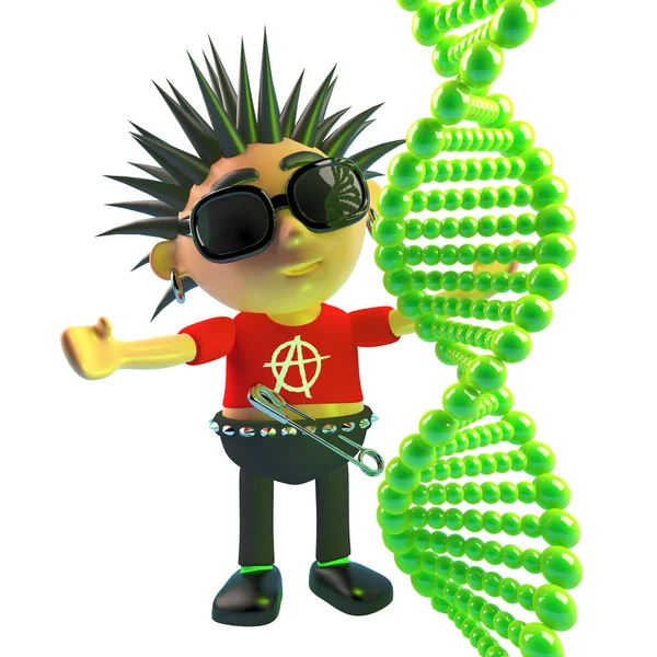 Мультфильм порочный панк-рок персонаж, глядя на цепь ДНК, 3D иллюстрации — стоковое фото