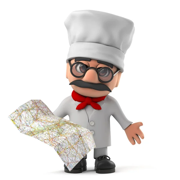 3d engraçado desenho animado italiano pizza chef personagem lendo um mapa — Fotografia de Stock