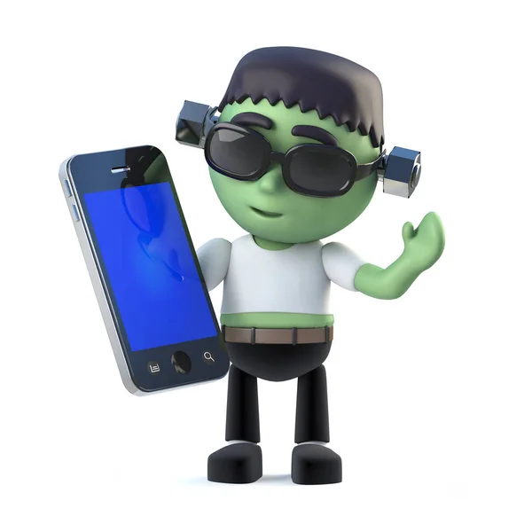 3d Halloween frankenstein monstro tem um dispositivo tablet smartphone — Fotografia de Stock