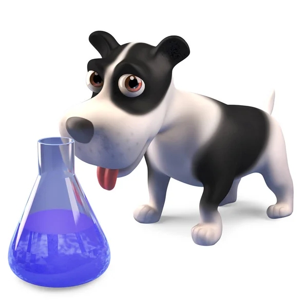 Cão de cachorro Nosey olha para um frasco de líquido azul, renderização 3d — Fotografia de Stock