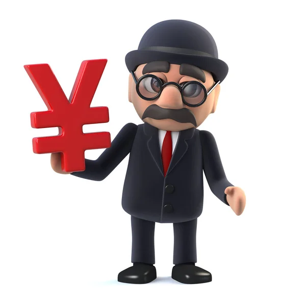 3D Bowler Petten Britse zakenman heeft Japanse yen valutasymbool — Stockfoto