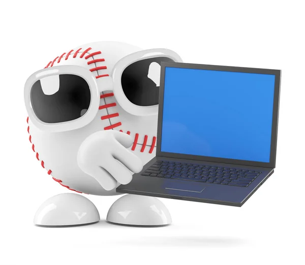 3D baseball charakter posiada laptopa — Zdjęcie stockowe