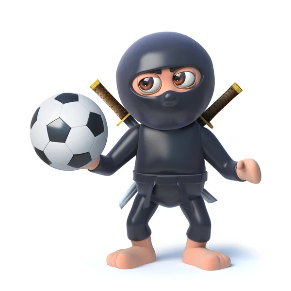 3d Funny cartoon ninja assassin warrior character holding a football — Stock Photo, Image