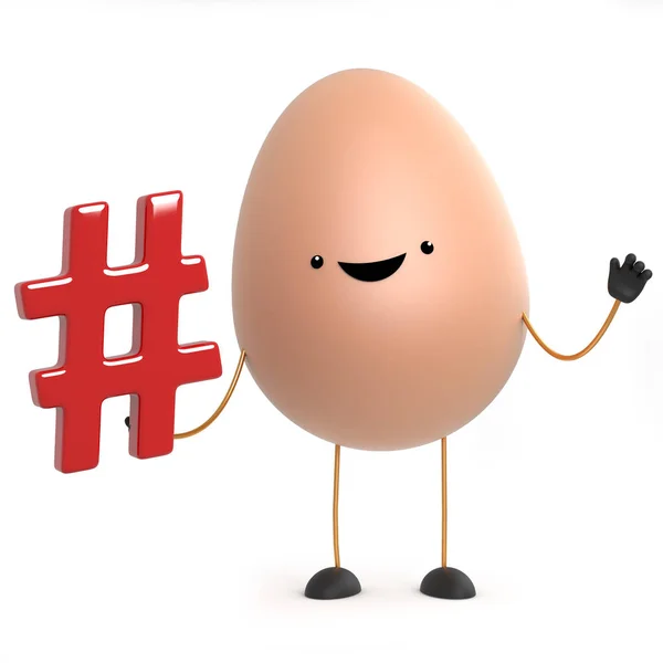 ハッシュタグ記号を保持する3D面白い漫画の卵のキャラクター — ストック写真