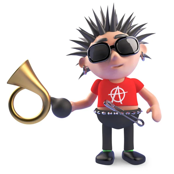 Funny cartoon punk character holding an old car horn, 3d illustration — Stock Photo, Image