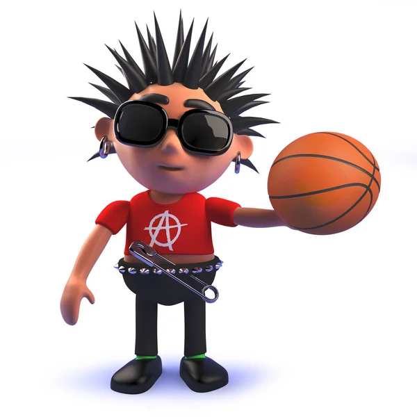 Kreslený punkový kolébkový 3D postava s basketbalem — Stock fotografie