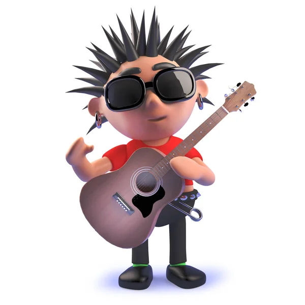 Desenhos animados podre personagem roqueiro punk 3d tocando uma guitarra acústica — Fotografia de Stock