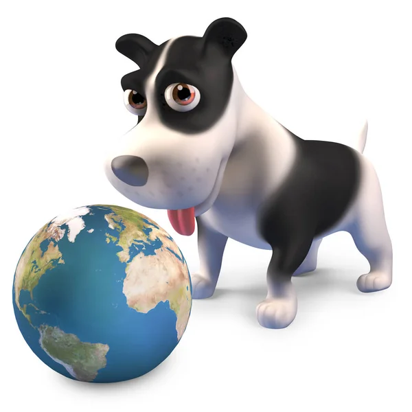 Cão de cachorro bonito olhando para um globo da Terra, ilustração 3d — Fotografia de Stock