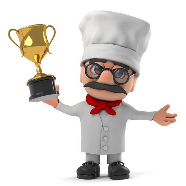 3d desenho animado italiano pizza chef personagem ganha o troféu de prêmio copo de ouro — Fotografia de Stock