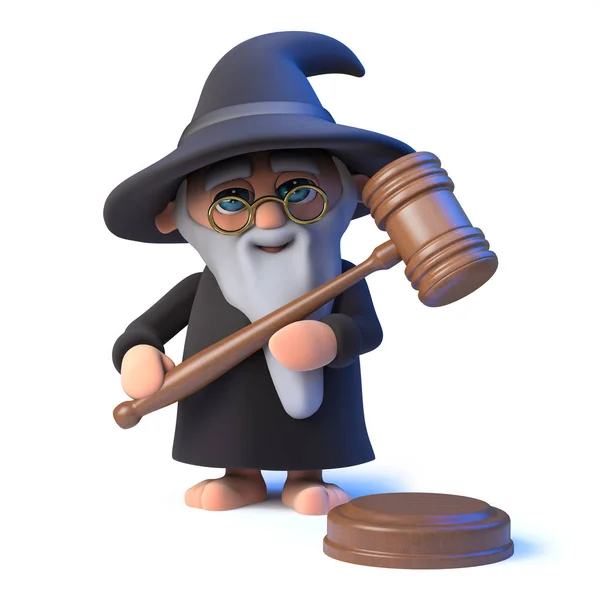 3d Funny cartoon wizard magician character holding an auction — Stock Photo, Image