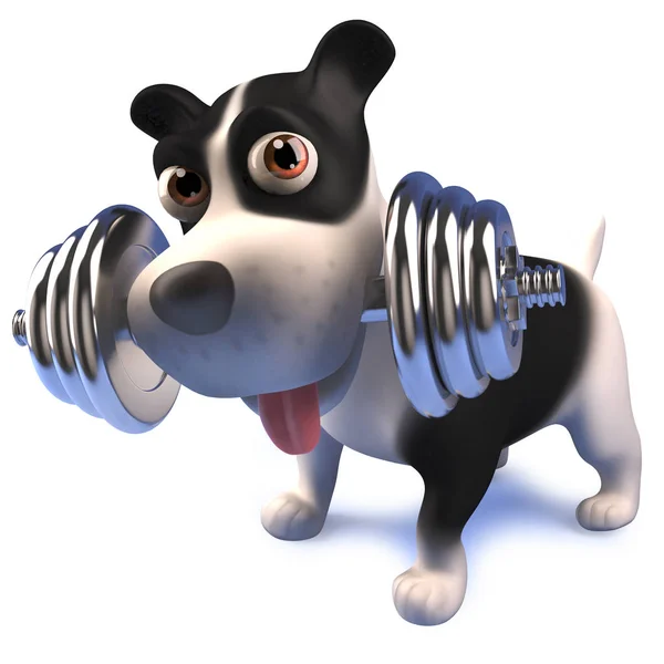 Cute black and white puppy dog lifting weights, 3d illustration — Stock Photo, Image