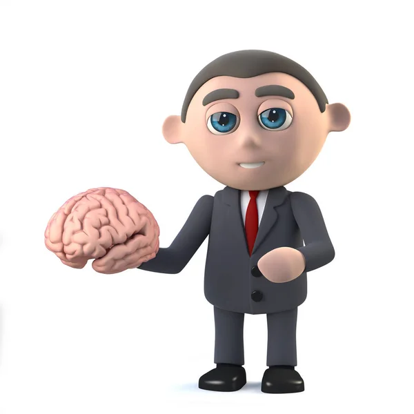 3D Смешной мультяшный бизнесмен персонаж в костюме с человеческим мозгом — стоковое фото