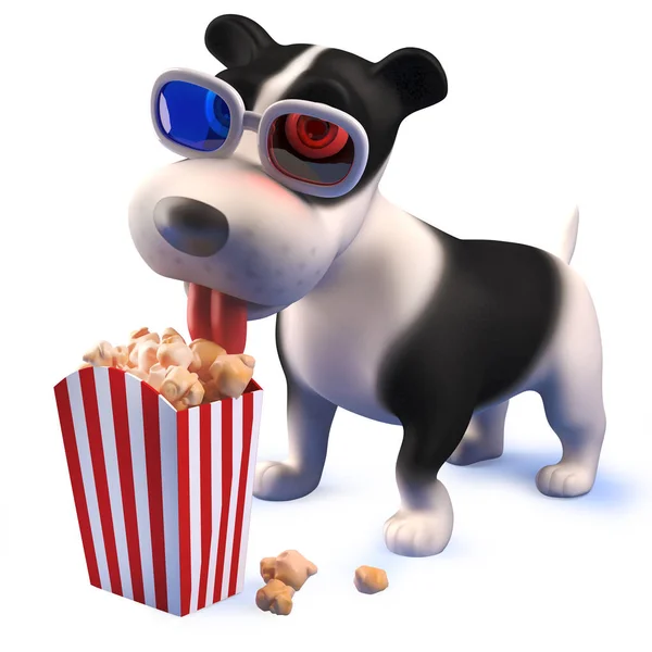 Cão filhote de cachorro no 3d vestindo óculos 3d e comer pipocas — Fotografia de Stock