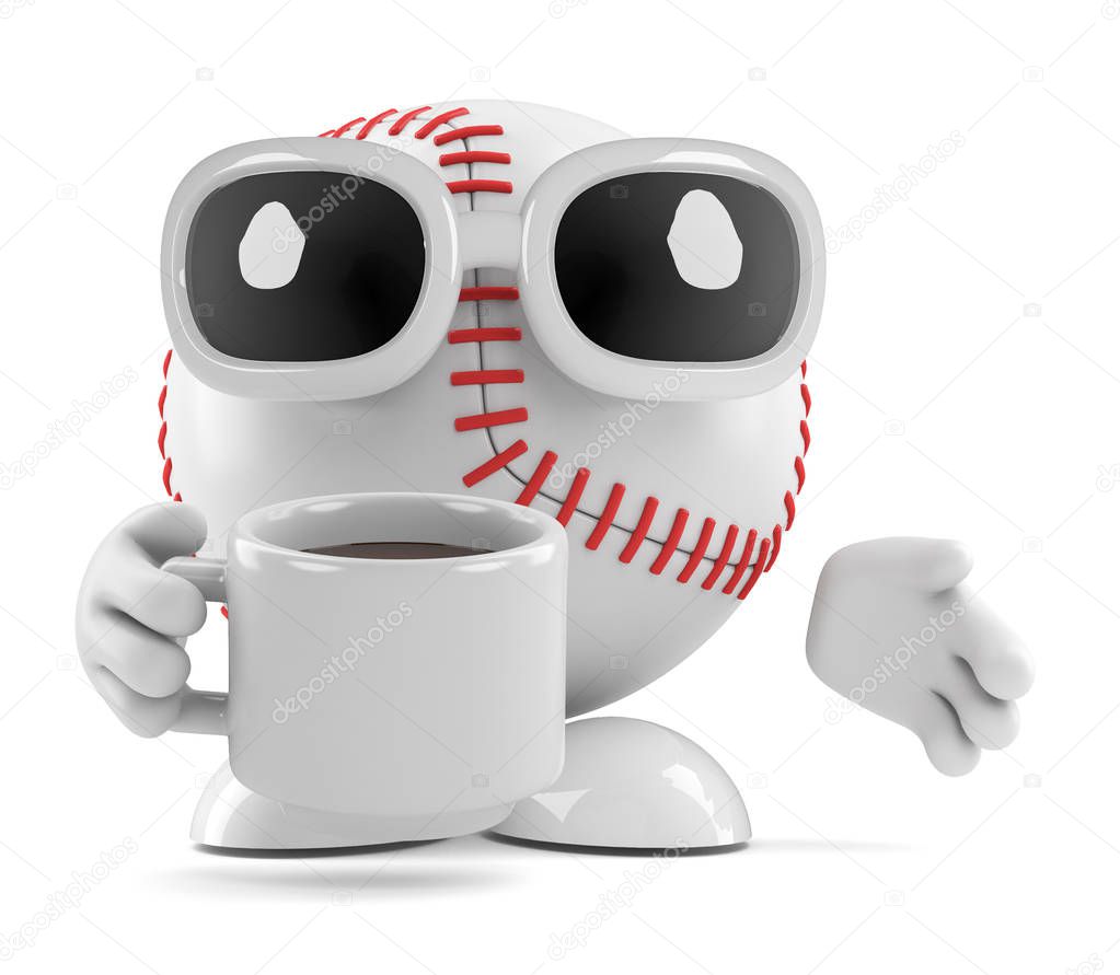 3d Baseball drinks a cup of coffee