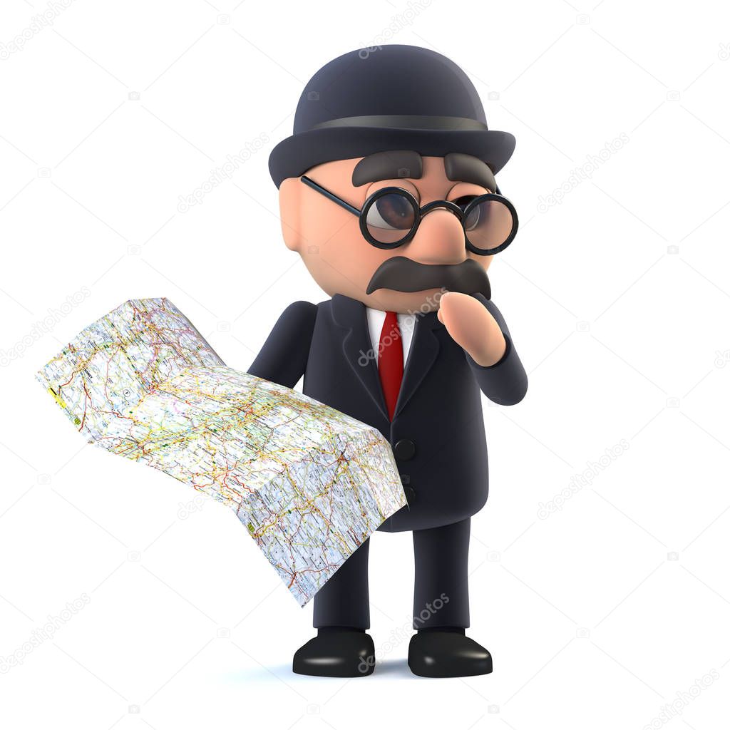 3d Bowler hatted British businessman looks at the map