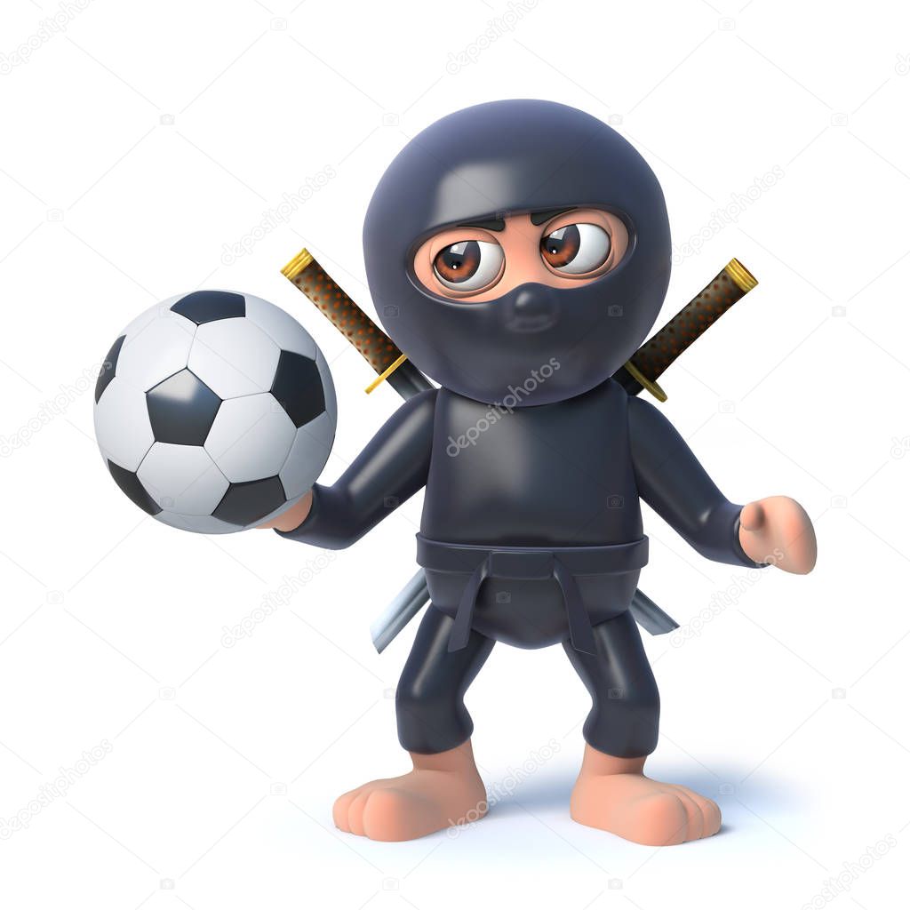 3d Funny cartoon ninja assassin warrior character holding a football