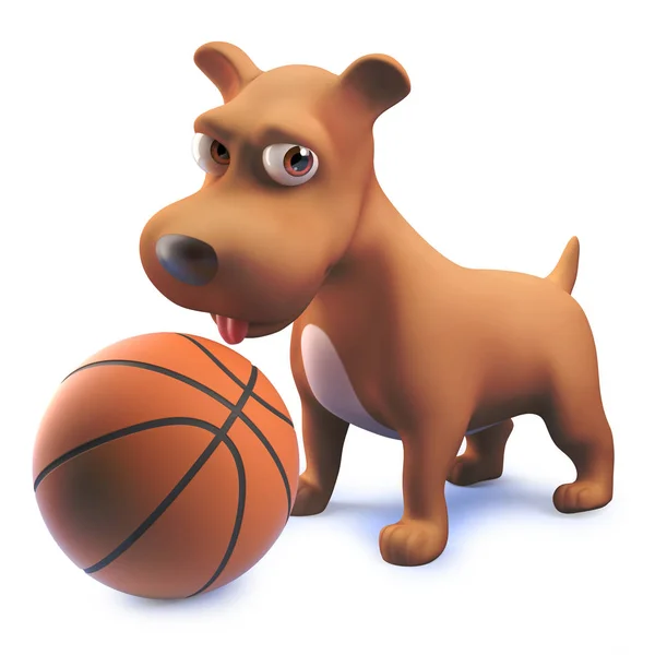 Juguetón personaje de perro cachorro 3d tiene un baloncesto, ilustración 3d — Foto de Stock