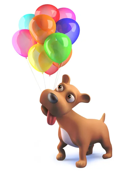 3d cute puppy dog holding celebratory party balloons in his mouth, 3d illustration — Stock Photo, Image