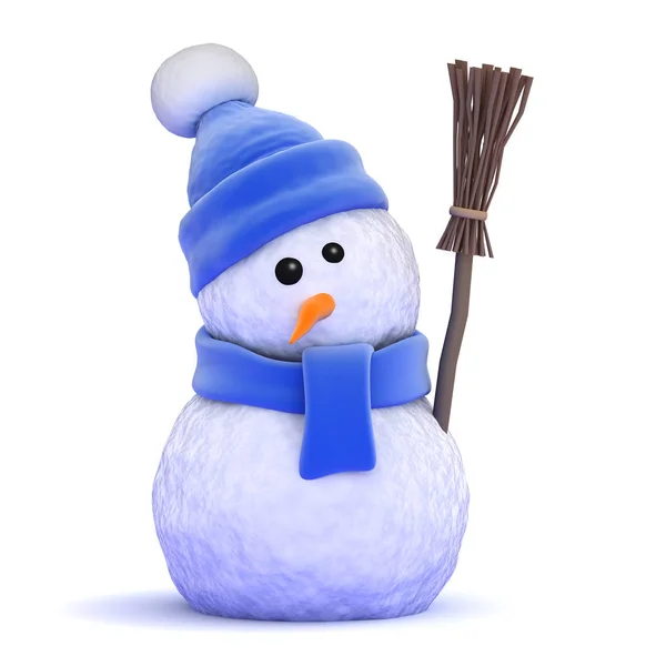 Muñeco de nieve 3d en sombrero de lana azul con escoba —  Fotos de Stock