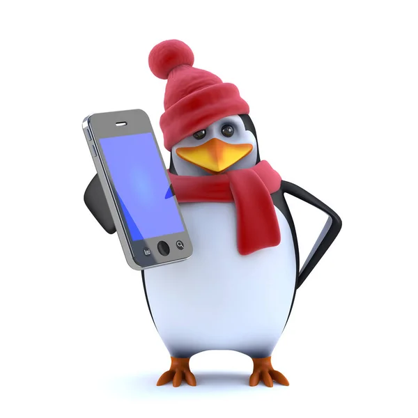 3d pingüino de Navidad tiene un nuevo teléfono inteligente —  Fotos de Stock