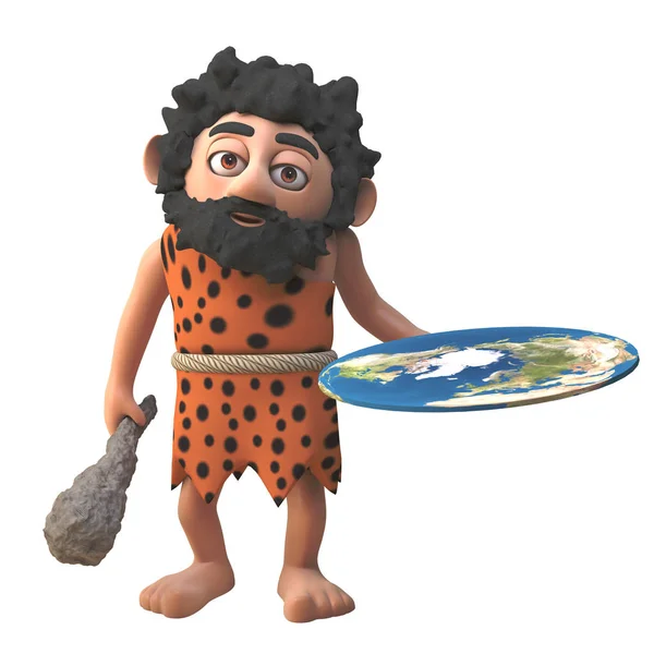 Confundido personaje de la historieta 3d cavernícola muestra su modelo de una tierra plana, ilustración 3d — Foto de Stock