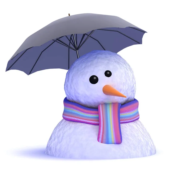 3d Melting snowman under umbrella — Stock Photo, Image