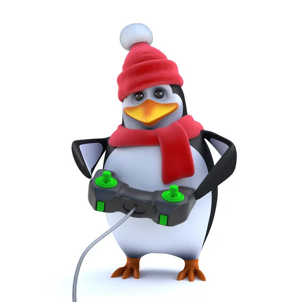 3D aranyos téli pingvin játszik egy videojáték — Stock Fotó