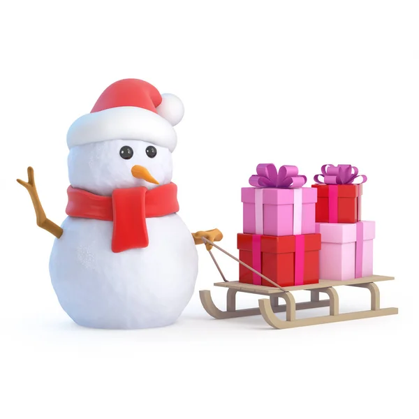 3D Σάντα χιονάνθρωπος χριστουγεννιάτικο έλκηθρο γεμάτο δώρα — Φωτογραφία Αρχείου