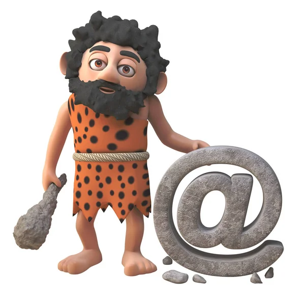 stock image 3d cartoon caveman character has constructed an email for you, 3d illustration
