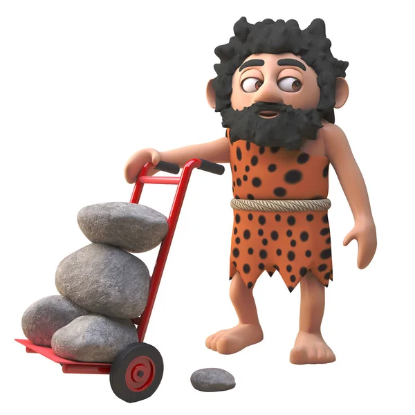 Soddisfatto 3d personaggio cavernicolo cartone animato ha un carrello pieno di rocce a mano. La vita è buona, illustrazione 3d — Foto Stock
