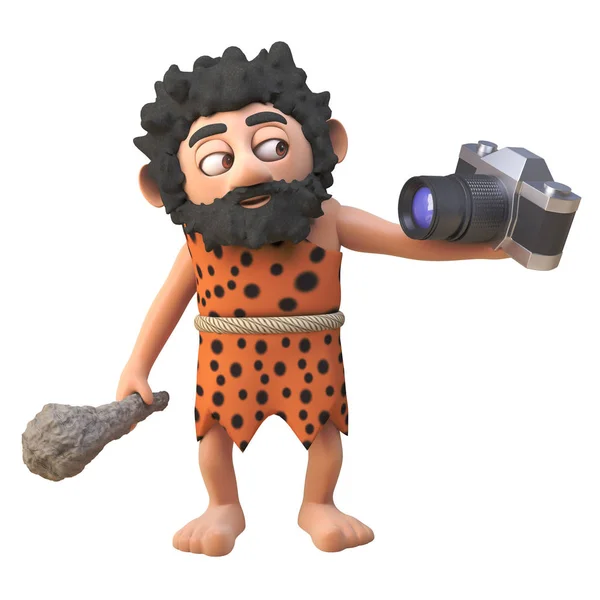 Vain 3d personaje de cavernícola de dibujos animados tomar una foto de sí mismo, ilustración 3d — Foto de Stock