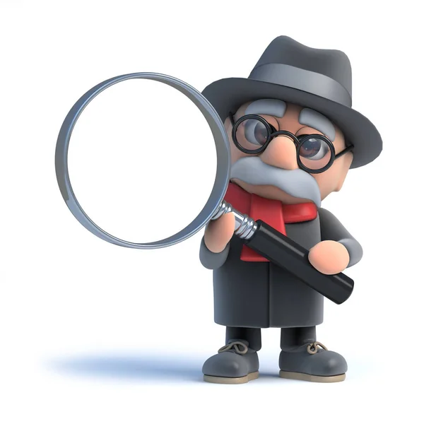 3d Old man looks through a magnifying glass — Stock Photo, Image