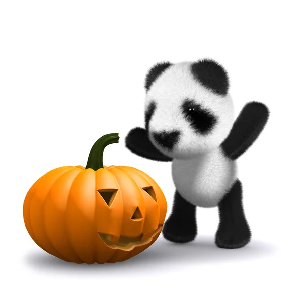 3d bébé panda ours trouve une citrouille d'Halloween — Photo