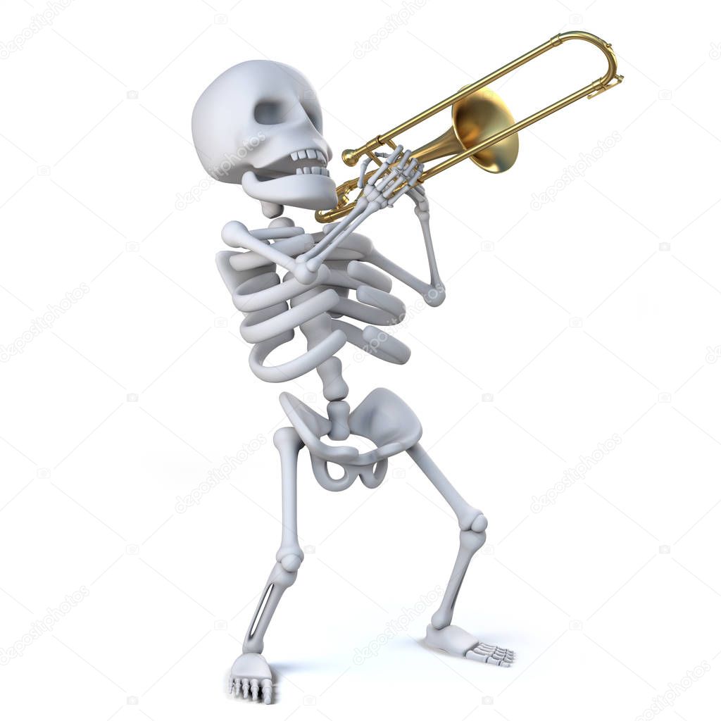 3d Skeleton playing his trombone with verve