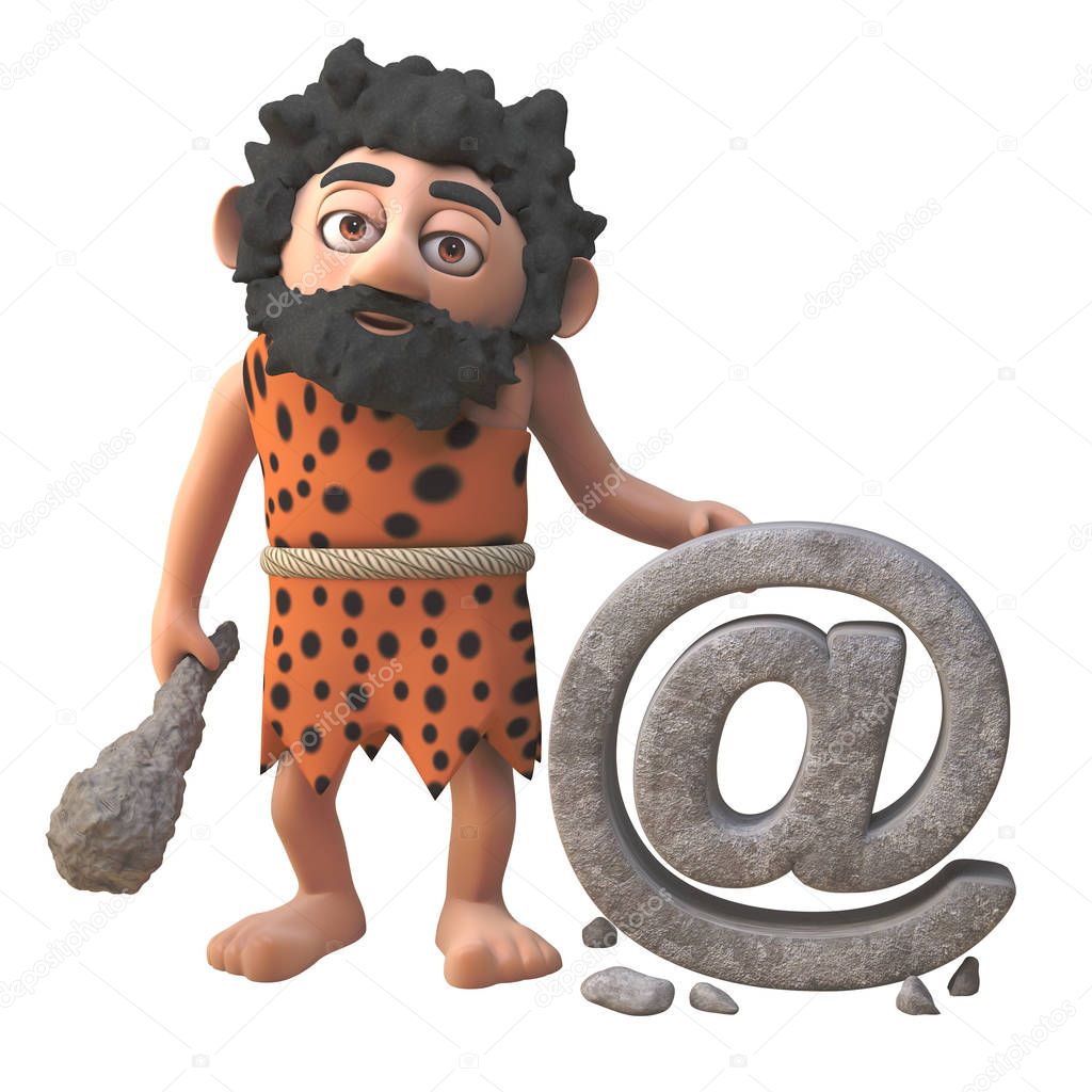 3d cartoon caveman character has constructed an email for you, 3d illustration
