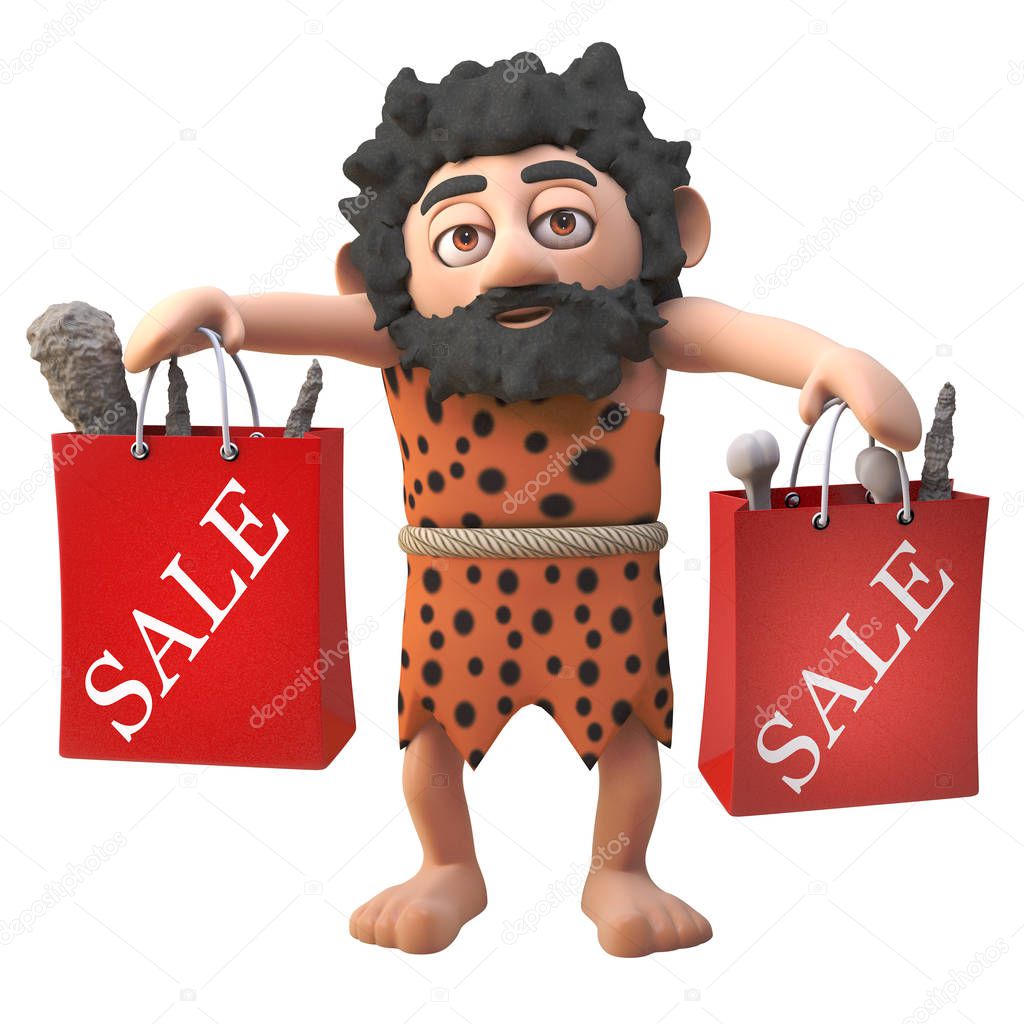 3d cartoon hairy caveman cartoon character with sale shopping bags full of bargains, 3d illustration