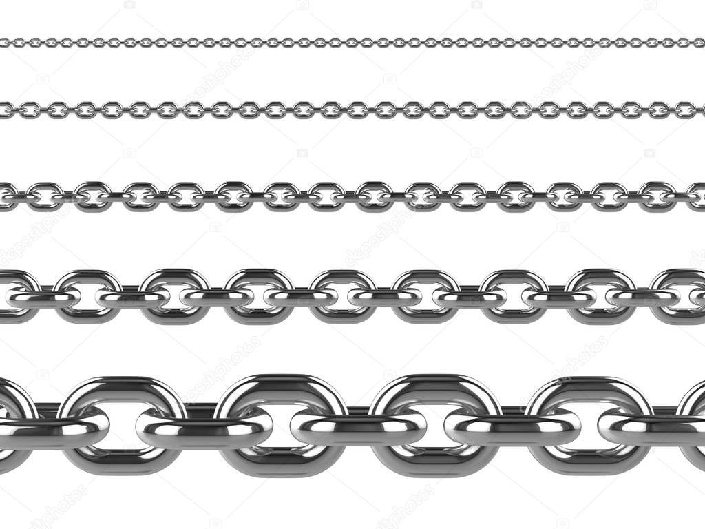 3d Silver chains of various thickness