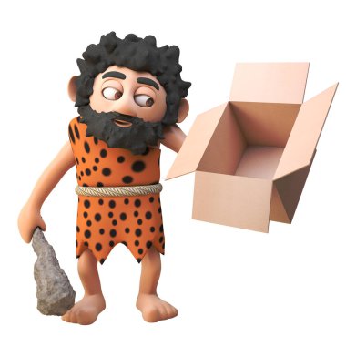 3d karikatür tarih öncesi mağara adamı karakter boş bir karton kutu ve kulüp, 3d illüstrasyon tutan