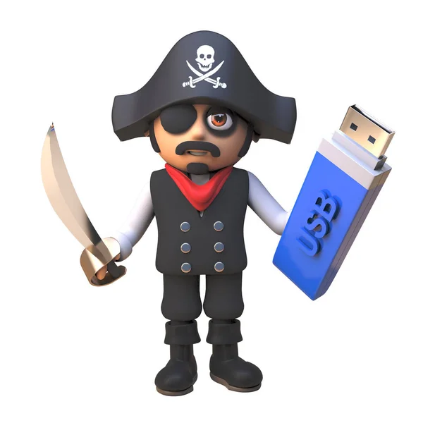 3d pirate captain cartoon character waves his cutlass and holds a USB thumb drive memory stick, 3d illustration