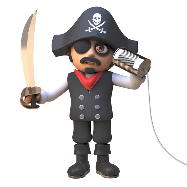 Carácter capitán pirata 3d utilizando una lata y una cadena para comunicarse, ilustración 3d — Foto de Stock