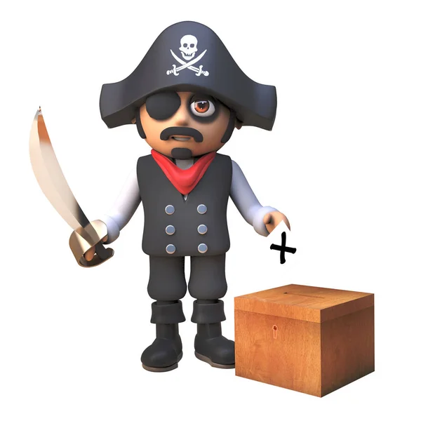 3d pirate captain cartoon character with cutlass casts his vote for the election in a ballot box, 3d illustration