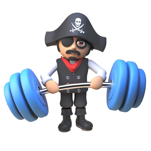 3D karikatúra kalóz kapitány karakter emléktárgy Fit emelő nehéz súlyok, 3D illusztráció — Stock Fotó