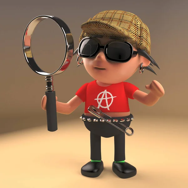 3d cartoon punk rock character wearing a deerstalker and holding a magnifying glass like a famous detective, 3d illustration