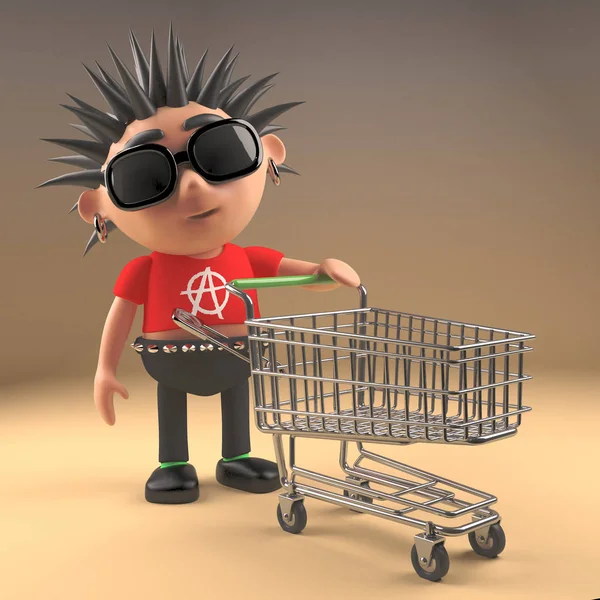 3d punk rock cartoon character pushing a shopping trolley, 3d illustration